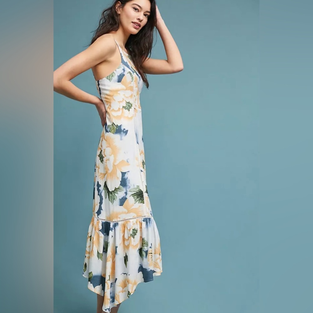 FARM RIO Anthropologie “Greenfield” Floral Lace Inset Spaghetti Strap Midi Dress